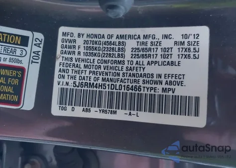 2013 Honda Cr-V Ex z USA, uszkodzony, nr VIN 5J6RM4H51DL016466